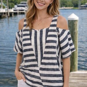 Soft Surroundings Grey and White Striped Cold-Shoulder Tunic
